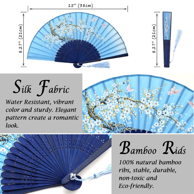 OMyTea Folding Hand Fans for Women - Chinese Japanese Vintage Bamboo Silk Fans - for Hot Flash, EDM, Music Festival, Party, Dance, Performance, Decoration, Gift (Blue Sakura & Pink Grassflower) - Image 2